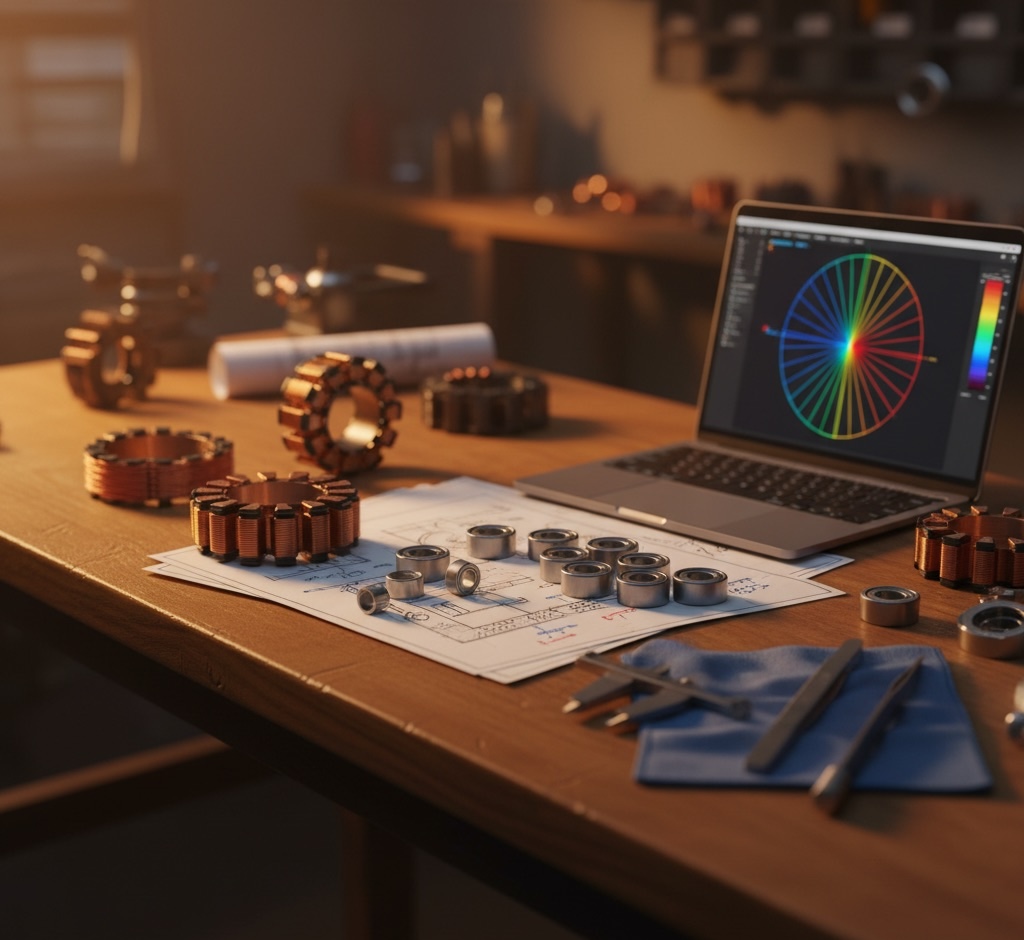 Technical drawings, stator prototypes, and FEA (Finite Element Analysis) contour maps on a Zeus Dynamo engineering workbench.