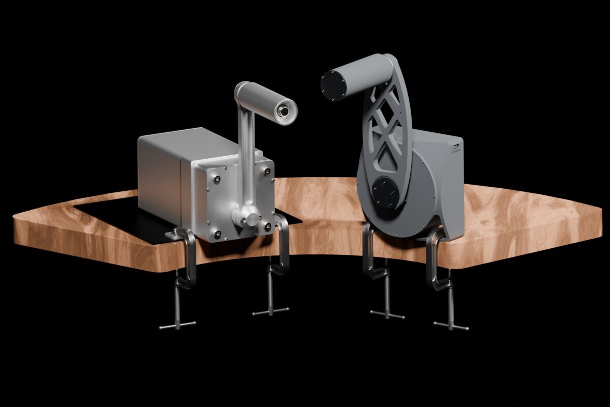A side-by-side comparison of the two Zeus Dynamo hand crank generators: the rugged, all-metal Powerhouse and the ultralight carbon fiber Powercell.