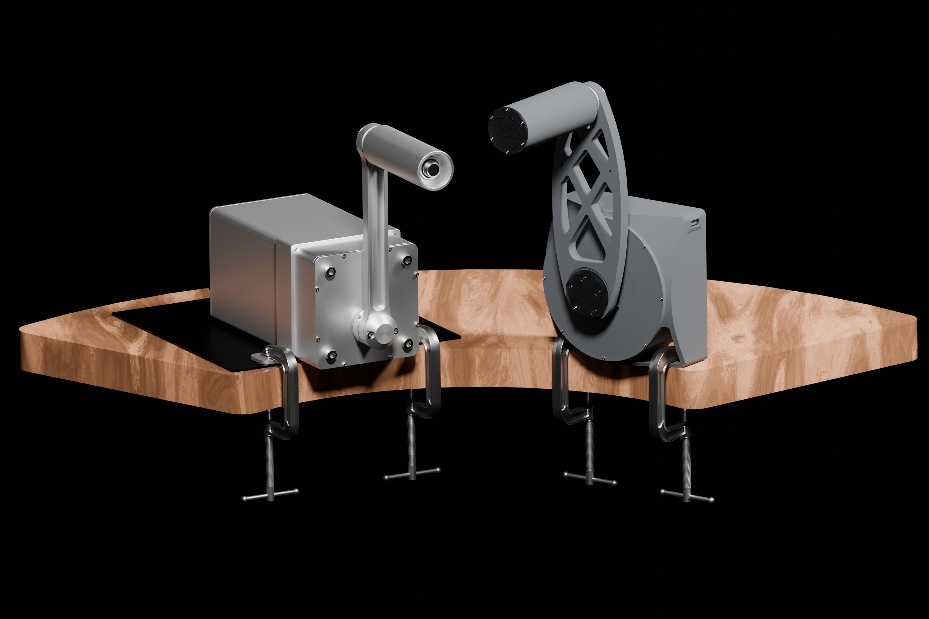 A side-by-side comparison of the two Zeus Dynamo hand crank generators: the rugged, all-metal Powerhouse and the ultralight carbon fiber Powercell.