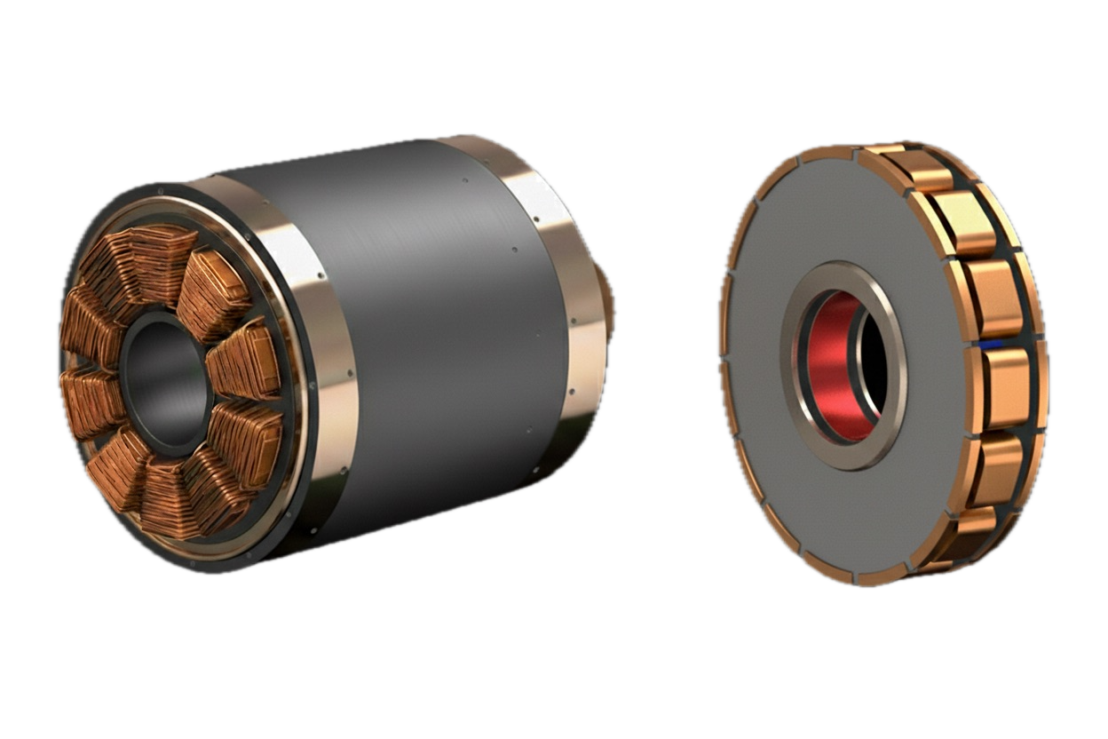 A technical diagram comparing the tall, cylindrical shape of a traditional radial flux generator to the flat, compact shape of an advanced axial flux generator.