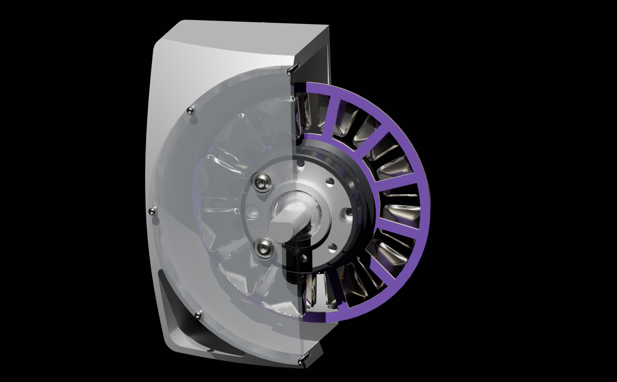 A technical illustration of the advanced axial flux dynamo inside a carbon fiber Zeus Dynamo generator.