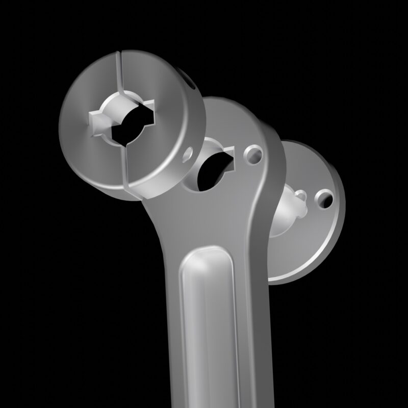 A detailed view of the Powerhouse generator's shaft attachment components, showcasing the aerospace-inspired design and precision CNC-machined, aircraft-grade aluminum.