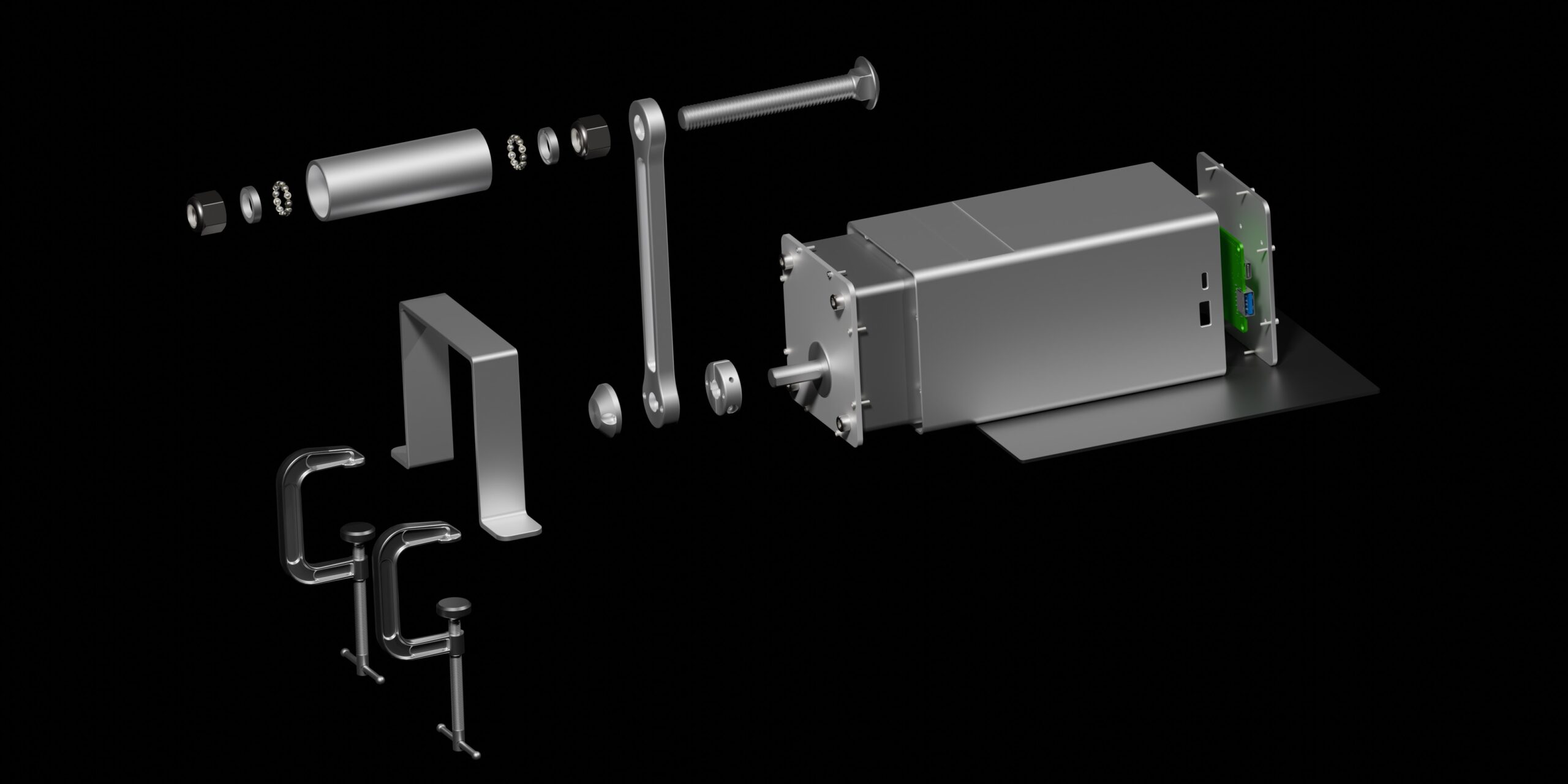 An exploded view diagram of the Zeus Dynamo Powerhouse hand crank generator kit, showing all of its individual components.
