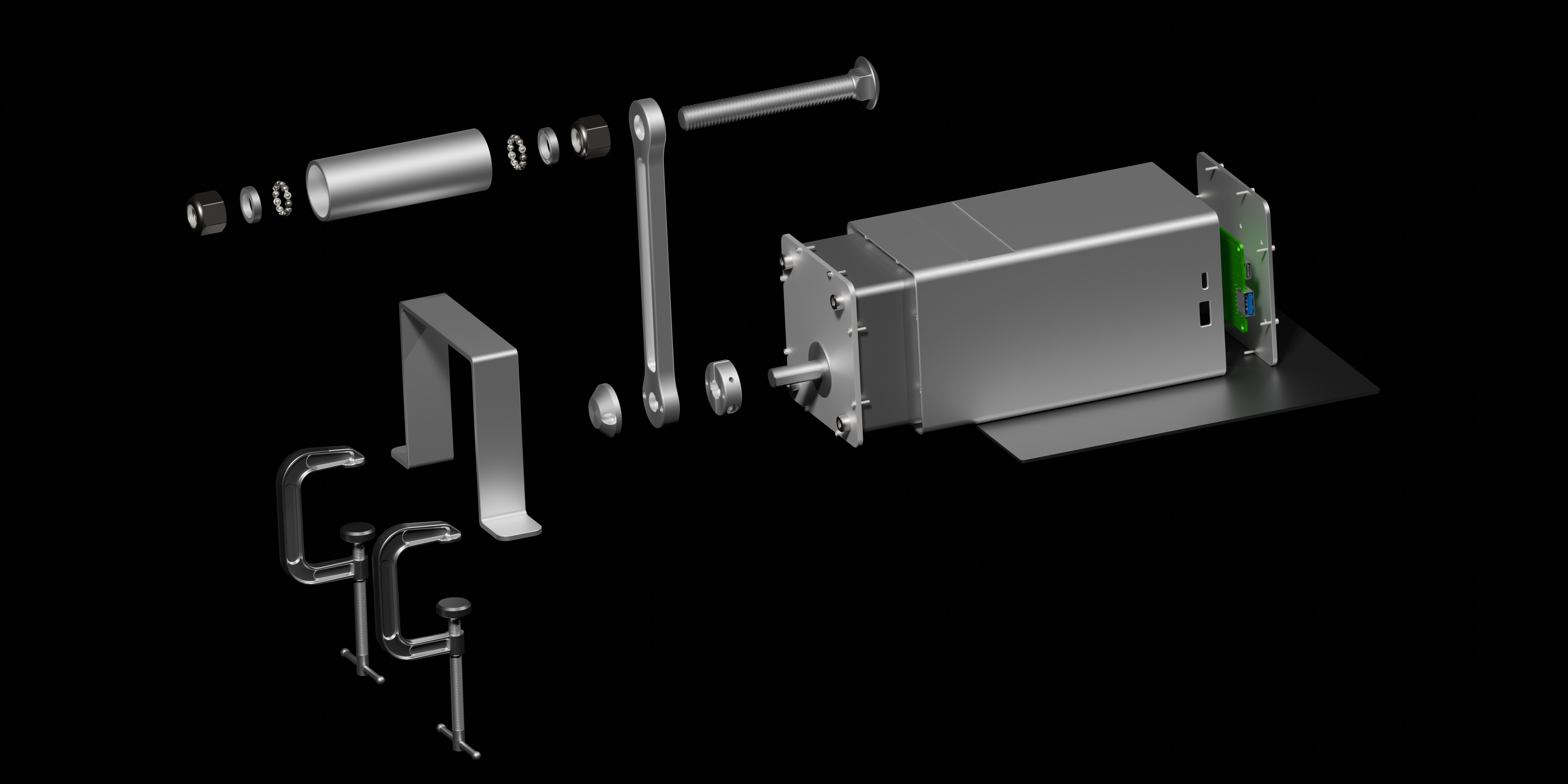 An exploded view diagram of the Zeus Dynamo Powerhouse hand crank generator kit, showing all of its individual components.