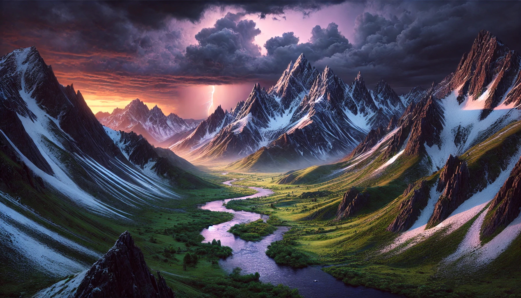 An inspiring image of a verdant mountain valley with a clean lightning bolt in the sky, representing a future of clean, powerful energy from Zeus Dynamo.