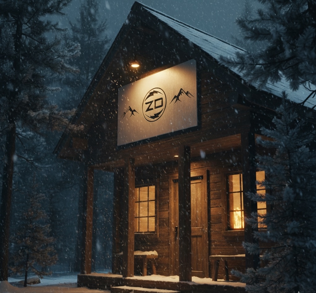 A cozy cabin in the snowy mountains, representing the security and support offered by Zeus Dynamo.